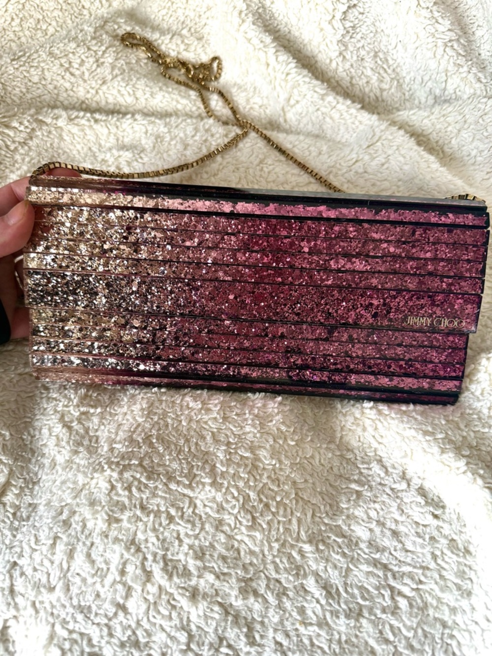 Jimmy Choo Sweetie Dégradé Clutch Pink Gold Ombre w/ Gold Chain Strap- W Receipt